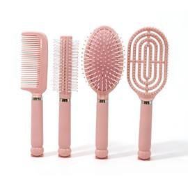 Hair Brush Set for Women, 4-Piece Curl Styling Brush with Smooth Back Comb, Detangling and Styling Curls with Less Pulling for All Hair Types (Pink)
