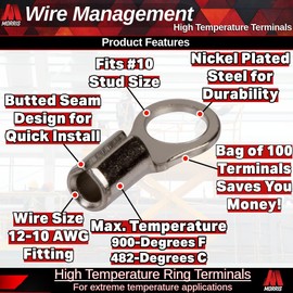 Morris Products High Temperature Ring Terminals – 12-10 Wire Size - #10 Stud Size – Nickel-Plated Steel – For HVAC, Industrial Kilns, Electric Space Heaters, Commercial Ovens, Fryers – Pack of 100, (12522)