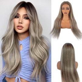 20 Inch Ombre Ash Brown Wigs Human Hair 13x6 HD Straight Lace Front Wigs Human Hair Brown to 613 Blonde with Dark Brown Roots Pre Plucked Glueless 180% Density Highlights Human Hair Wigs for Women