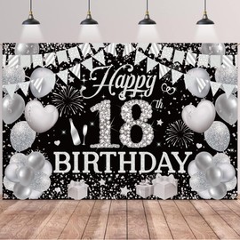 18th Birthday Banner Black Silver - 18th Birthday Decoration Happy Birthday Background 180 x 120 cm, Extra Large Fabric Decoration Birthday Banner for 18 Year Girl Boy