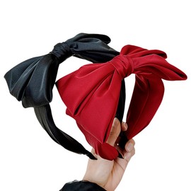 UUYYEO 2 Pcs Knotted Bow Headbands for Women Big Bowknot Headband Wide Turban Headbands Hair Band Bows Headwraps Fabric Covered Hairbands Hair Accessories Black Red