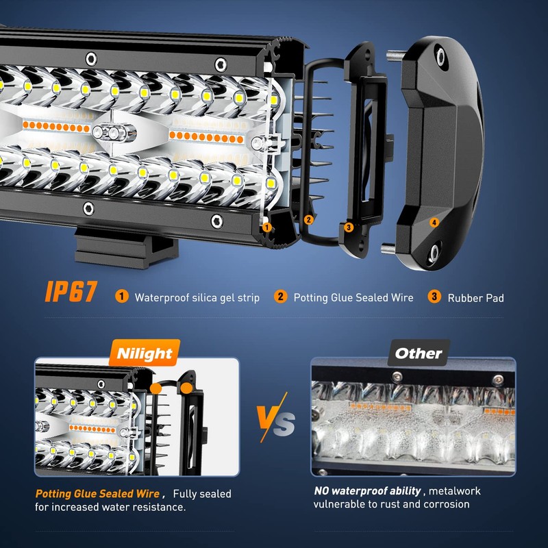 Nilight 2PCS 6.5 Inch 120W LED Light Bar Amber White