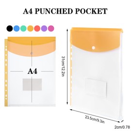 Plastic Wallets A4 Punched Pockets, 14 Pack Expandable Plastic Folders Plastic Document Files with Button,Tab Card, and 4 Binders for School, Office, Home, Travel（7 Colors）