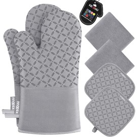 KEGOUU Oven Mitts and Pot Holders 6pcs Set, Kitchen Oven Glove High Heat Resistant 500 Degree Extra Long Oven Mitts and Potholder with Non-Slip Silicone Surface for Cooking (Light Gary)