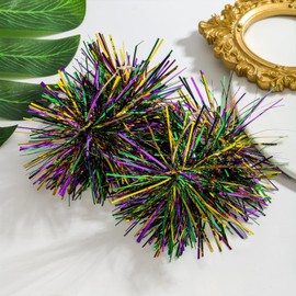 Colorful Mardi Gras Carnival Hoop Earrings for Women Purple Yellow Green Sparkly Pom Pom Ball Firework Tassel Lightweight Dangle Drop Earrings for Festival Parade Holiday Fashion Jewelry Gifts (Thin hoops)