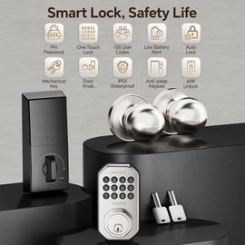 VCHOO Keyless Entry Door Lock with Handle App Control Door Locks for Front Door Anti-Peeping Password Smart Door Lock for Homes Hotel Bedroom Doors with 2 Door Knobs Satin Nickel