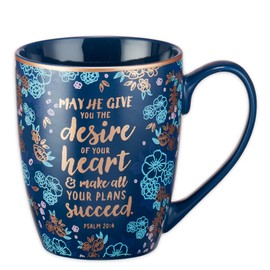 Christian Art Gifts Blue Bible Verse Mug – Floral Faith Mug for Women & Men, Ceramic Coffee Mug w/Gold Trim & Psalm 20:4 Calligraphy – “The Desires of Your Heart” Mug, 12 oz