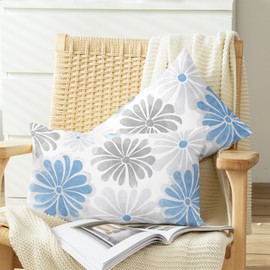 CaliTime Throw Pillow Covers Decorative 12 X 20 Inches Pack of 2 Cozy Fleece Two-Tone Blooming Flowers Decorative Cushion Cases for Couch Bed Sofa Farmhouse Decoration Blue Grey