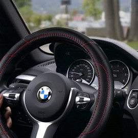 Leather Car Steering Wheel Cover, Non-Slip Car Wheel Cover Protector Breathable Microfiber Leather Universal Fit for Most Cars(Black)