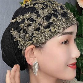 haozaikeji Women Flower Turban Hat Rhinestones Muslim Islamic Head Wrap African Pearl Turban Soft Stretchy Head Cover