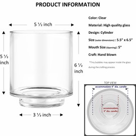 CYS EXCEL Clear Glass Hurricane Candle Holder Flower Cylinder Vase Wedding Centerpieces for Pillar Floating Candles Home Décor Plant Terrarium, Height-6.5", Width-5.5"