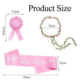 3PCS Big Sister Gifts for Girls,Sister to Be Accessory Set,Including Flower Wreath, Big Sister Satin Sash and Badge Pin for Baby Shower Party Announcement Party Decorations Pink