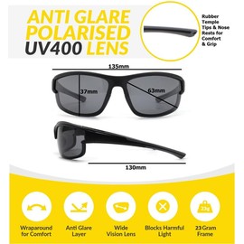 ZAVISH Anti Glare Polarised Sunglasses TAC Lenses Men Women Smoke Grey Tinted HD Vision UV400 Lens Rubber Nose Rests Wraparound Frame & Case