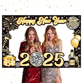 YQUQWN New Years Photo Booth Frame Large 36 Inch Black and Gold Disco Style 2025 Happy New Year Photo Booth Props Happy New Year Decoration 2025 New Years Eve Party Decorations Supplies