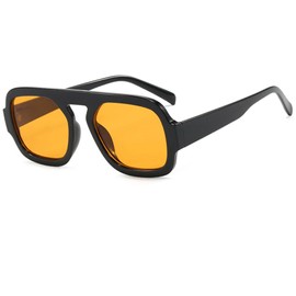 Ggpyyon Trendy 70s Square Sunglasses for Women Men,Vintage Square Pilot Sunglasses Fashion Flat Top Shades(Black/Orange)