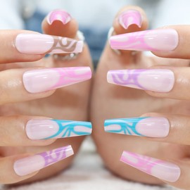 BABALAL Coffin Press on Nails Long Fake Nails with Nail Glue Glossy Glue on Nails 24pcs Ballerina Acrylic Nails French Full Cover False Nails for Women and Girls