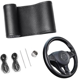 YUNZHISHIYE Universal Sewing Car Steering Wheel Cover, Car Accessories Interior, DIY Cowhide Car Steering Wheel Cover, Suitable for 37-39 Steering Wheel (Black Hole Full Hole)