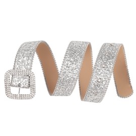 OCTBERSIEG Women Rhinestone Western Belt with Silver Diamond Buckle Sparkly Bling Belts Cowgirl Style Belt for Jeans Dress