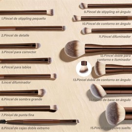 KIROGILY Brochas para Maquillaje, 15 Set de Brochas para Maquillaje, Brochas Suaves, Profesional Brocha para Base de Maquillaje, Mango Resistente y duradero, Bolsa Viaje incluida