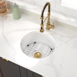 Ghomeg 18 Undermount Bathroom Sink - 18 x18 Inch Round Vessel Sink Under Counter Lavatory Sinks White Ceramic Vanity Sink With Overflow, Gold Drain Strainer, Modern Art Basin