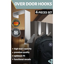Menz Over Door Hanger – 1 1/2" Door Thickness - 4 pcs. Stainless Steel Coat Hooks with Anti-Slip and Felt Pads, Sturdy Over Door Hook Hanger Türhaken