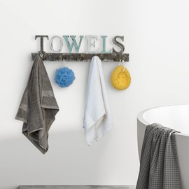 MyGift Towel Racks for Bathroom, Wall Mounted Rustic Multicolored Solid Wood Towel Holder with 5 Dual Hooks and Decorative Towel Cutout Design, Kitchen Laundry Room Hand Towel Hooks