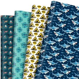Shark Wrapping Paper 12 Sheets Shark Themed Gift Wrap with Caution Shark Sign Design,Gift Packing Paper for Shark Lovers,Birthday,Party,Beach Parties,20"×28"