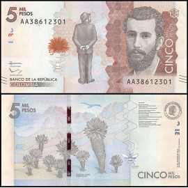 COLOMBIA 5,000 PESOS 2015 UNC VIEW OF THE ANDES MOUNTAINS WITH RIVERS FLOWING DO