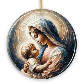 Virgin Mary and Baby Jesus Gentle Embrace Ceramic Ornament, Iconic Oil Painting Gift and Decor