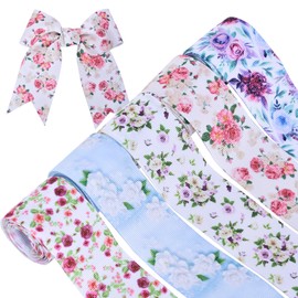 Floral Grosgrain Ribbon, 5 Rolls Flower Pattern Ribbon Spring Summer Fabric Decorative Craft Ribbon Roll for Gift Wrapping Decor Hair Bow Sewing Wreath Crafts (Mixed Color, 3/8 inch X 20Yards)