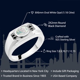 Gem Stone King Men's 925 Sterling Silver White Opal and Black Diamond Ring (1.18 Cttw, Gemstone October Birthstone, Oval Cabochon 8X6MM, Available In Size 7, 8, 9, 10, 11, 12, 13)