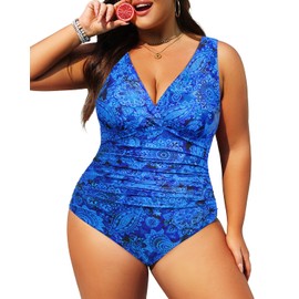 Aqua Eve - Traje de baño de una pieza para mujer, talla grande, con control de abdomen, cuello en V, fruncido, traje de baño, Azul (Paisley), 22 Plus