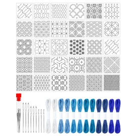 eZAKKA 51 Pack Blue Sashiko Kit with 30 Templates, 9 Sashiko Needles, 12 Blue Thread Skeins, Embroidery Kit for Hand Sewing, Quilting, Visible Mending, Patterns & Needlework