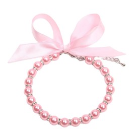 XKSRWE Dog Cat Pearls Necklace Collar with Bling Accessories and Ribbon Bow Pet Puppy Jewelry for Female Dogs Cats Small Medium (L, Pink)