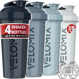 VELOMIX -4 PACK 28 Oz Protein Shaker Bottle for Protein Mixes - 4x Wire Whisk | Leak Proof Shaker Cups for Protein Shakes | Large, Stackable Protein S