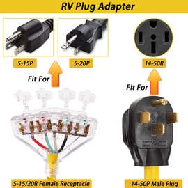 50 Amp to 110V 20 Amp RV Adapter Cord, 4 Prong NEMA 14-50P Male Plug to 4X 5-20R Household Outlet Female Connectors Adapter Cord with Dust Protection Caps, 1.5 FT, Yellow | AUGSMIAR