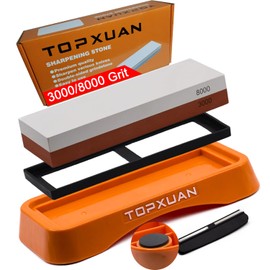 TOPXUAN Whetstone Knife Sharpening Stone 2 Sided 3000/8000 Waterstone, Professional Kitchen Knife Sharpener with Orange Plastic Base, Non-Slip Rubber and Angle Guide