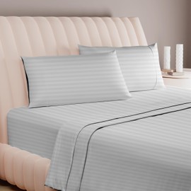 Carressa Linen Luxury Egyptian Cotton Twin Stripe Sheet Set - 600 Thread Count Extra Long Staple 3 PC Set, Twin Damask Sheets, Soft, Cooling Sateen Weave Striped Sheets Upto 18" Deep Pocket - Silver