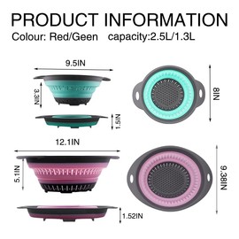 Fglmctsh Collapsible Colander Set, Square Round Triangles Silicone Kitchen Strainer Perfect for Draining Pasta Vegetable fruit 2 PCS (Green & Red, 12"L x 9.5"W x 2.3"H)