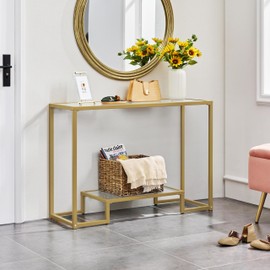 Yaheetech 42 Inch Console Table, Tempered Glass Entryway Table, Narrow Sofa Table, 2-Tier Hallway Table, Entrance Table for Living Room Bedroom, Gold