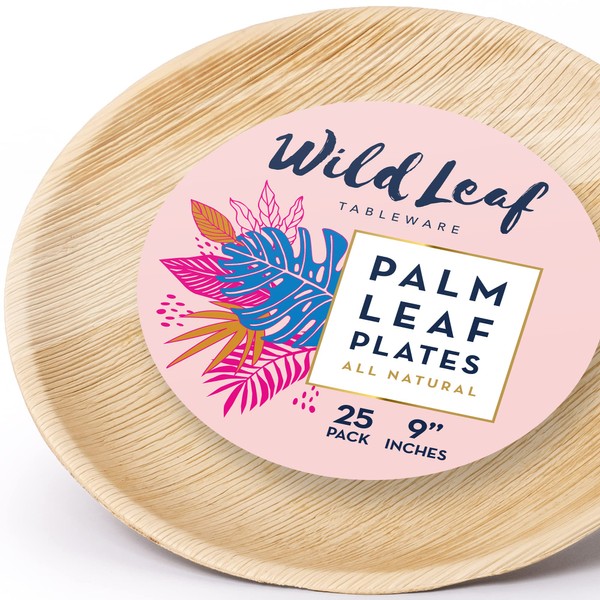 Wild Leaf Tableware Wooden Palm Leaf Plates - 9 Inch / 25 Pack Round Wood Plates - Elegant and Heavy Duty Upscale Disposable Dinnerware for Outdoor Parties, Picnics, BBQs