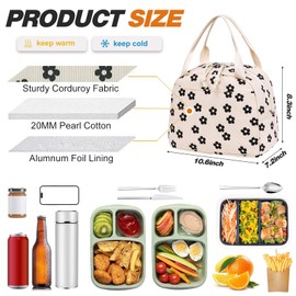 Insulated Kids Lunch Bags for Women Girls, Cream Cooler Lunch Bags, Leakproof Lunch Box Container Large Capacity Adult Cooler Tote Cute Corduroy Lunch Handbags for Work School Picnic Travel (Floral)