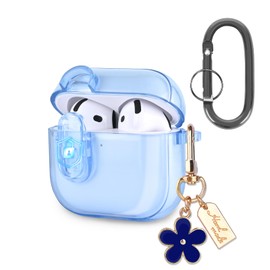 Newseego For Airpods 4 Case, Transparent Case with Lock Soft TPU Protective Case with Carabiner and Cute Flower Pendant Full Protection Shockproof Thin Cute Compatible with AirPods 4th Generation Blue