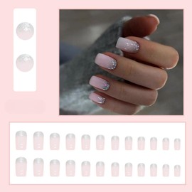Pink False Nails Medium Short Square, SXVME Glitter Press on Nails Fake Nails with Sequins Design Glossy Bling Glue on Nail Medium Length Natural Acrylic Stick on Nails for Women
