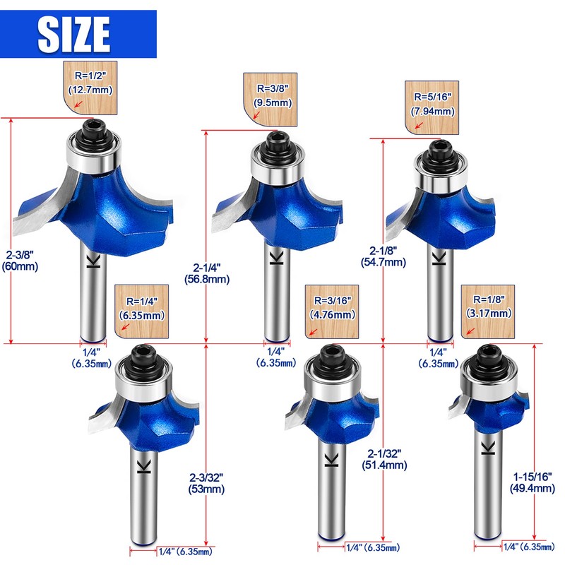 6Pcs Roundover Router Bit 1/4 Shank,Radius 1/8" 3/16" 1/4" 5/16"