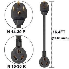 1.5FT 3 Prong to 4 Prong Dryer Adapter, 4 Prong to 3 Prong Dryer Adapter, NEMA 14-30P Male to 10-30R Female, Dryer Cord Adapter 4 to 3 Prong, STW 10AWG, 30A, 250V