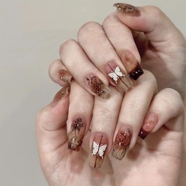 Flower Press on Nails Medium Length White Butterfly Fake Nails Brown Rose Floral French Tips False Nails Glossy Full Cover Acrylic Nails Stick on Nails Reusable for Women Girls Manicure Decor 24Pcs