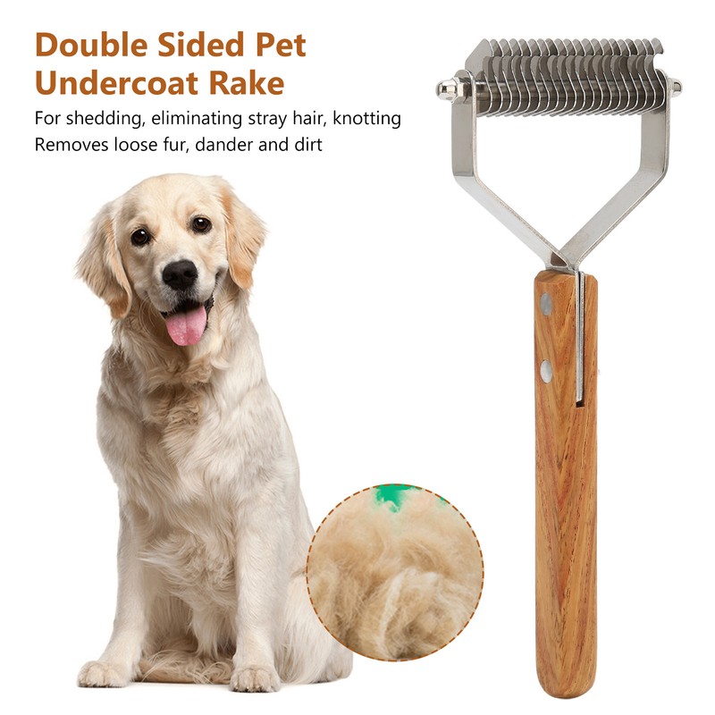 Pet Undercoat Rake Brush Double Sided Knots Removal Massage Wood