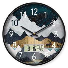 Digital Wall Clock Silent Non-Ticking Battery Operated Wall Clock with LCD Display Calendar Temperature Elk Mountain Pattern Wall Clock Decorative for Living Room Bedroom Home Office Kitchen 14inch