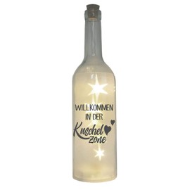 LED Bottle with Motif, Welcome to the Cuddly Zone, Grey, 29 cm, Bottle Light, Glitter Bottle, Light Bottle Lamp with Text Saying